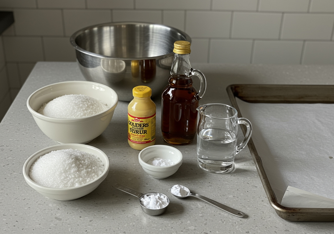 Ingredients for cinder toffee laid out on a kitchen counter: sugar, golden syrup, water, baking soda, and a prepared baking tray with parchment paper.