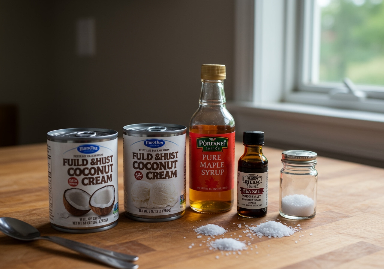 Ingredients for coconut ice cream laid out on a wooden table: cans of coconut milk, maple syrup, vanilla extract, and a pinch of salt.
