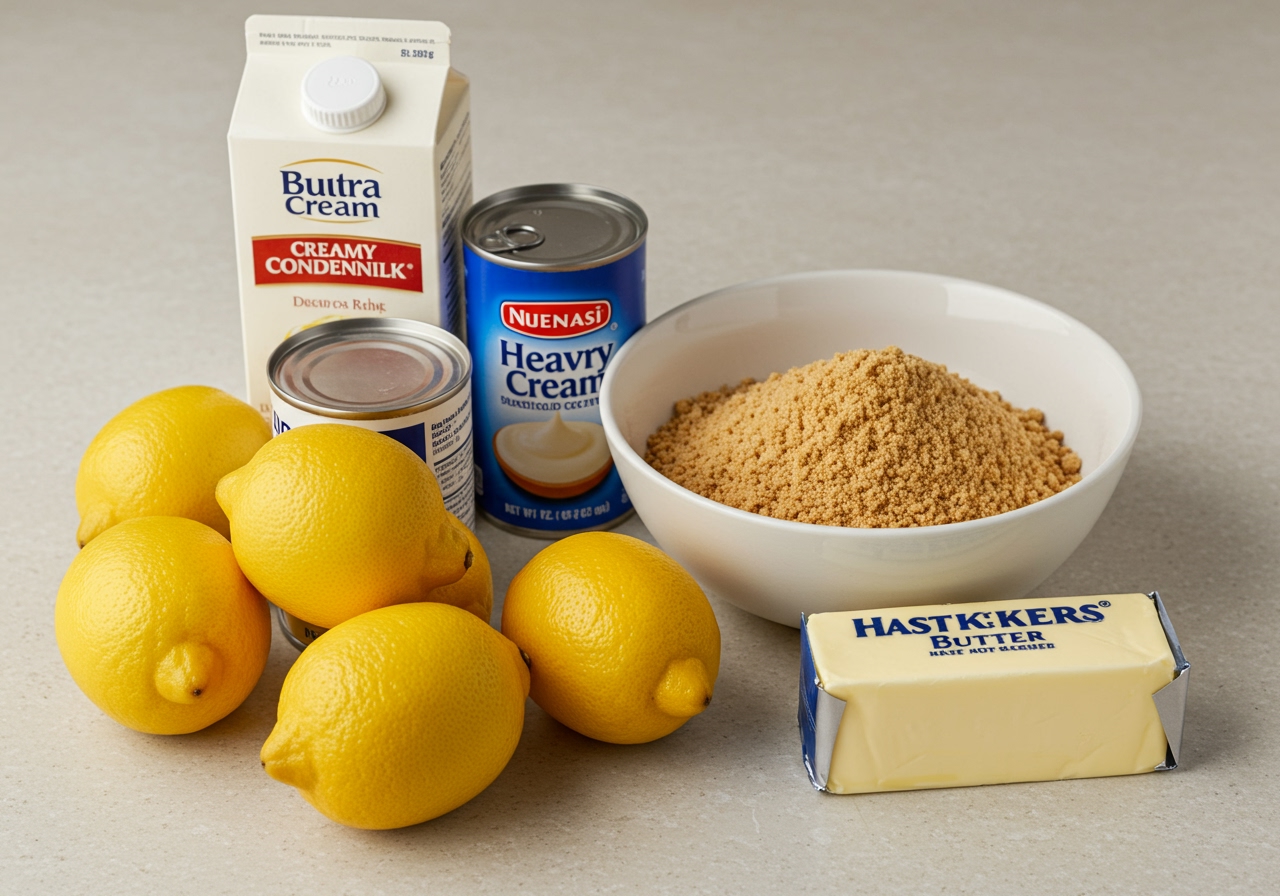Ingredients for creamy lemon pie laid out neatly on a light-colored kitchen counter: fresh whole lemons, a can of condensed milk, a carton of heavy cream, a bowl of graham cracker crumbs, and a block of butter. The scene is bright and inviting.