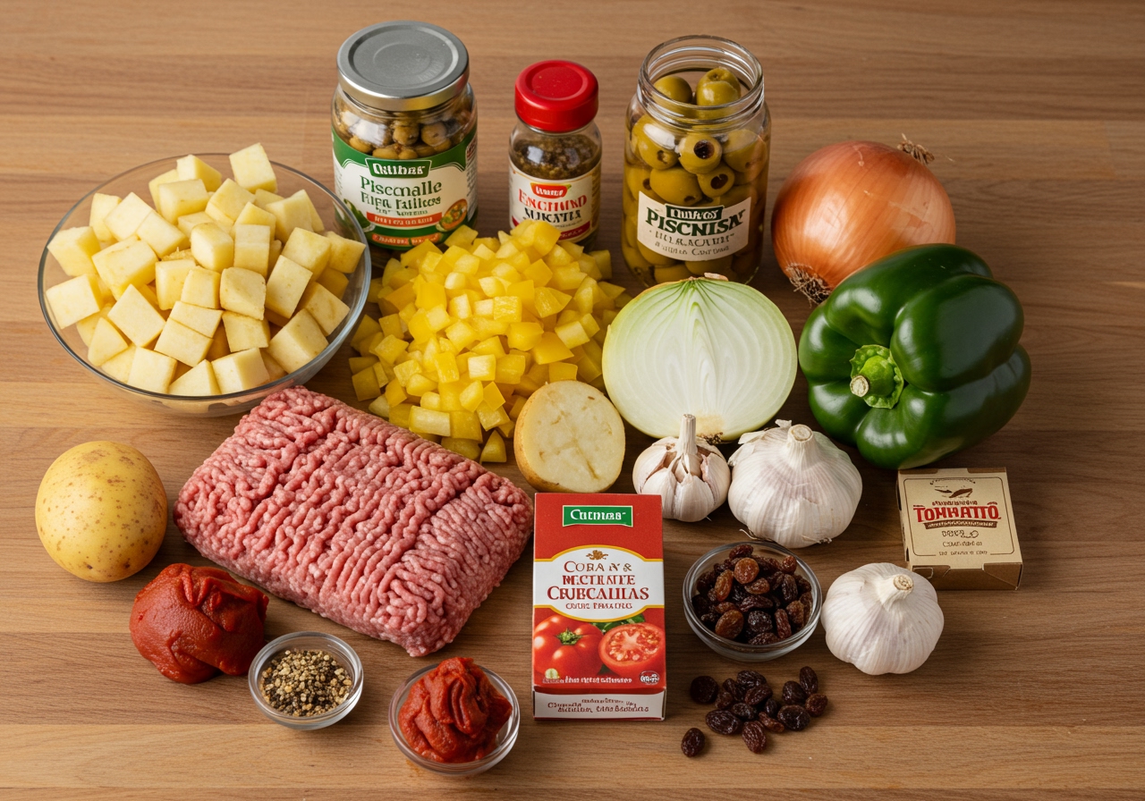 Ingredients for Cuban picadillo hash laid out on a wooden table: ground beef, diced potatoes, chopped onions, bell peppers, garlic, a jar of olives, a box of raisins, tomato paste, and various spices.