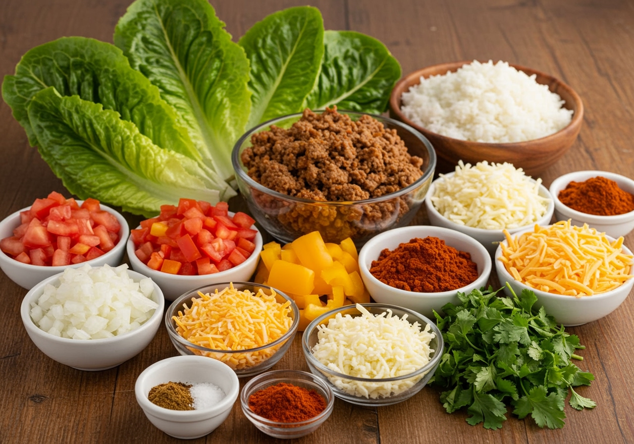 Ingredients for Doria Taco Salad laid out neatly on a rustic wooden table, including fresh vegetables, ground meat, rice, cheese, and various spices, all colorful and appealing.