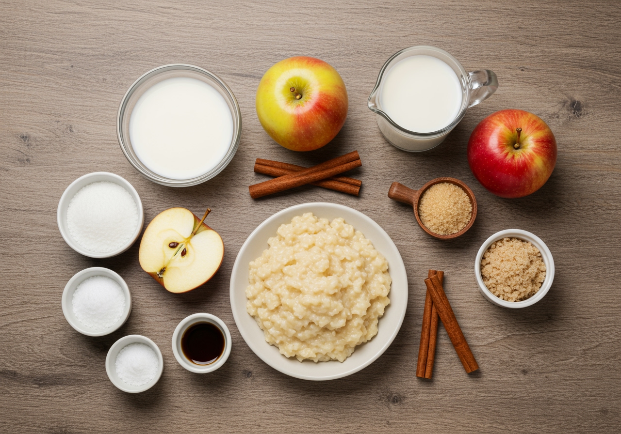 Ingredients for easy apple rice pudding laid out on a rustic wooden table. Includes rice, milk (or non-dairy milk), sugar (or alternative sweetener), apples, cinnamon sticks, and vanilla extract.