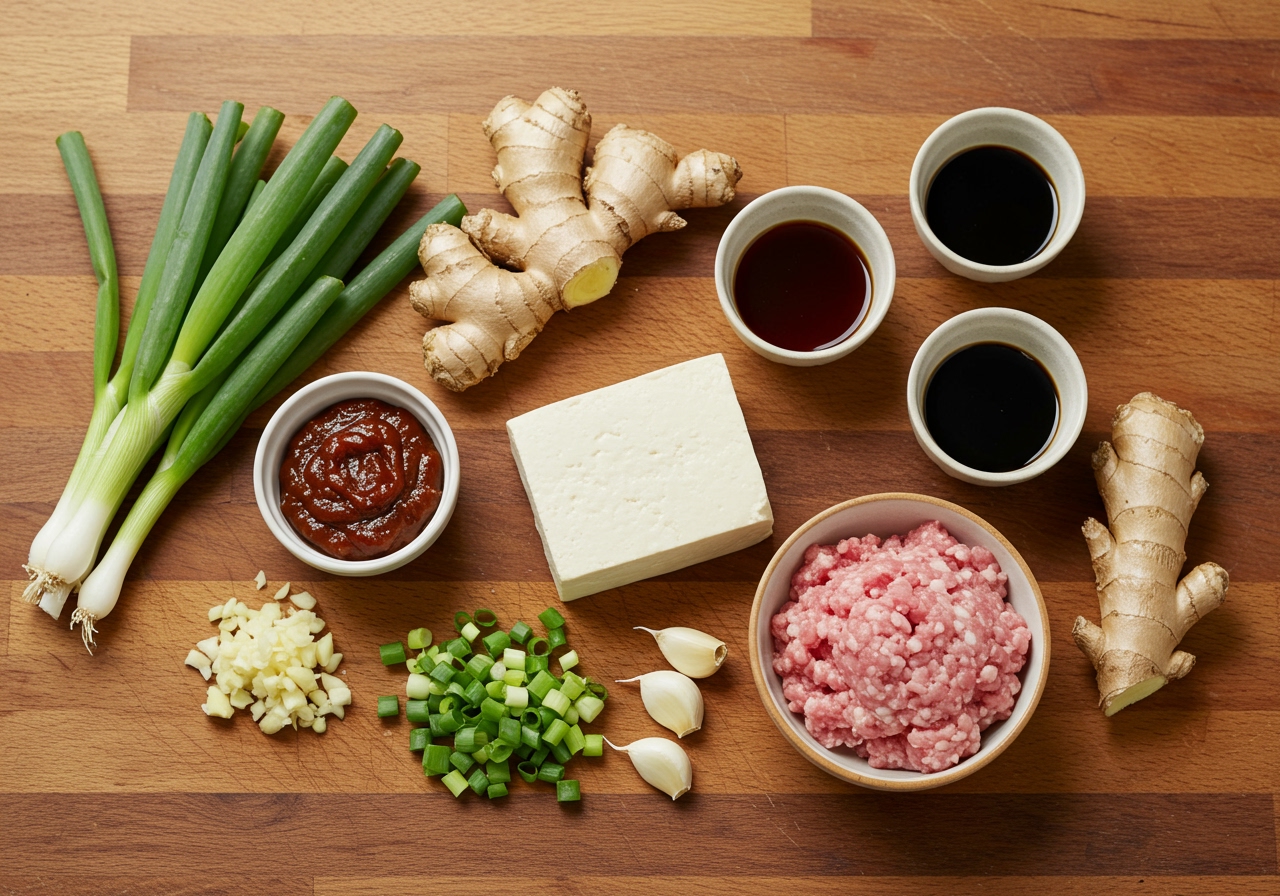 Ingredients for easy mapo tofu: Tofu block, ground pork, chopped green onions, ginger, garlic, small bowls of various sauces like doubanjiang, soy sauce, oyster sauce.