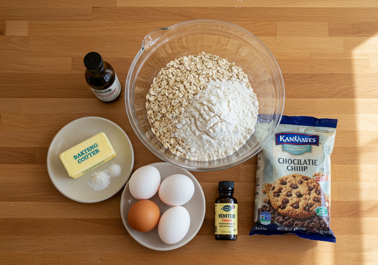 Ingredients for easy oatmeal chocolate chip cookies laid out on a kitchen counter - oats, flour, sugar, butter, eggs, vanilla, baking powder, salt, chocolate chips.