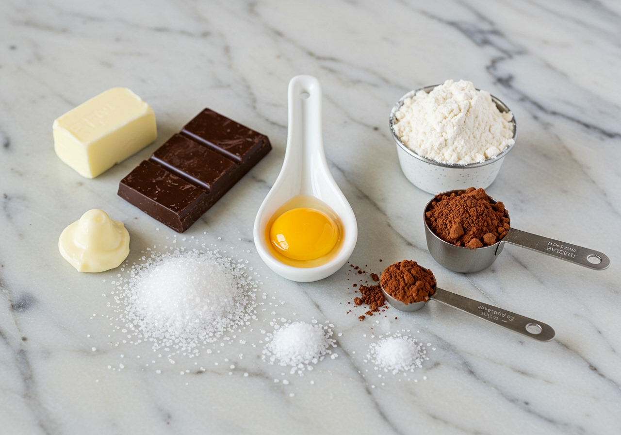 Ingredients for easy rich brownies for two, showing small amounts of butter, chocolate bar, sugar, egg, flour, cocoa powder, and a pinch of salt.