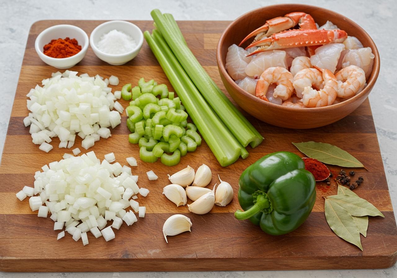 Ingredients for easy seafood gumbo, showing chopped onion, celery, bell pepper (holy trinity), garlic, seafood mix, and spices