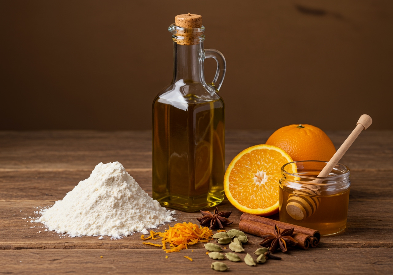 Ingredients for Finikia laid out on a rustic wooden table, including flour, olive oil, honey, oranges, and various spices