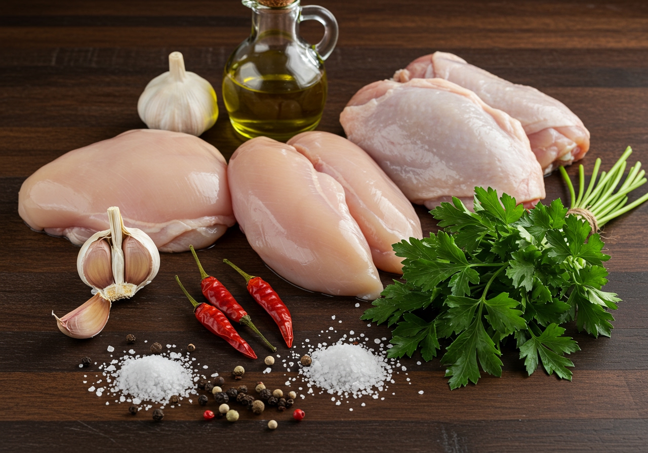 Ingredients for garlic chili chicken laid out attractively: chicken breast/thigh, garlic cloves, red chili peppers, olive oil, salt, pepper, fresh parsley.