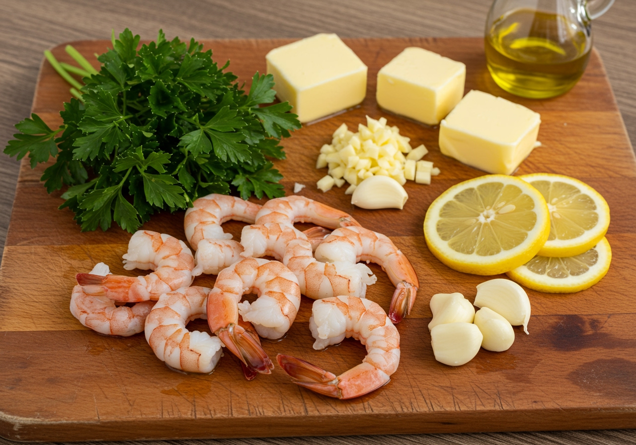 Ingredients for garlic shrimp laid out on a wooden board: peeled shrimp, minced garlic, butter, olive oil, parsley, lemon.