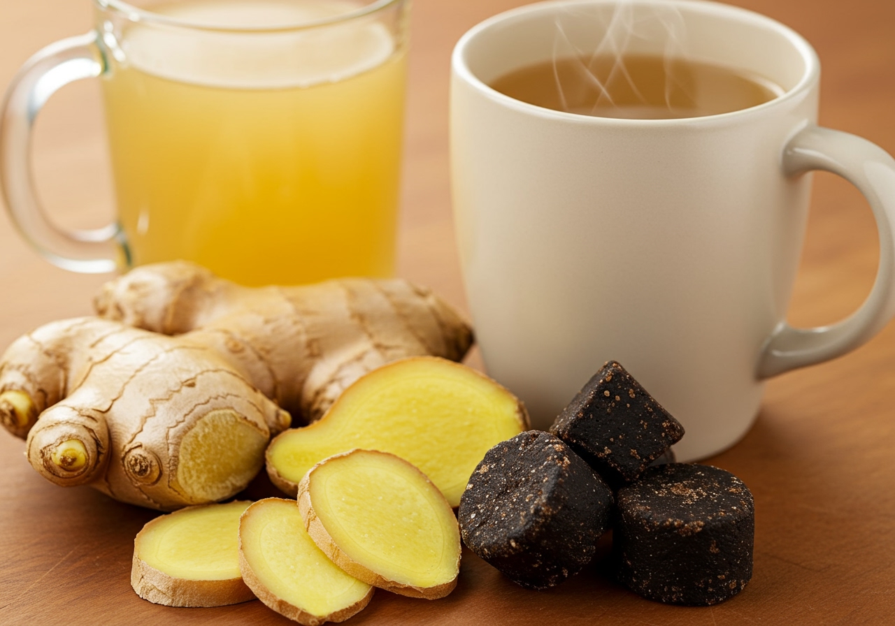 Ingredients for ginger and black sugar drink - fresh ginger, black sugar lumps, and hot water