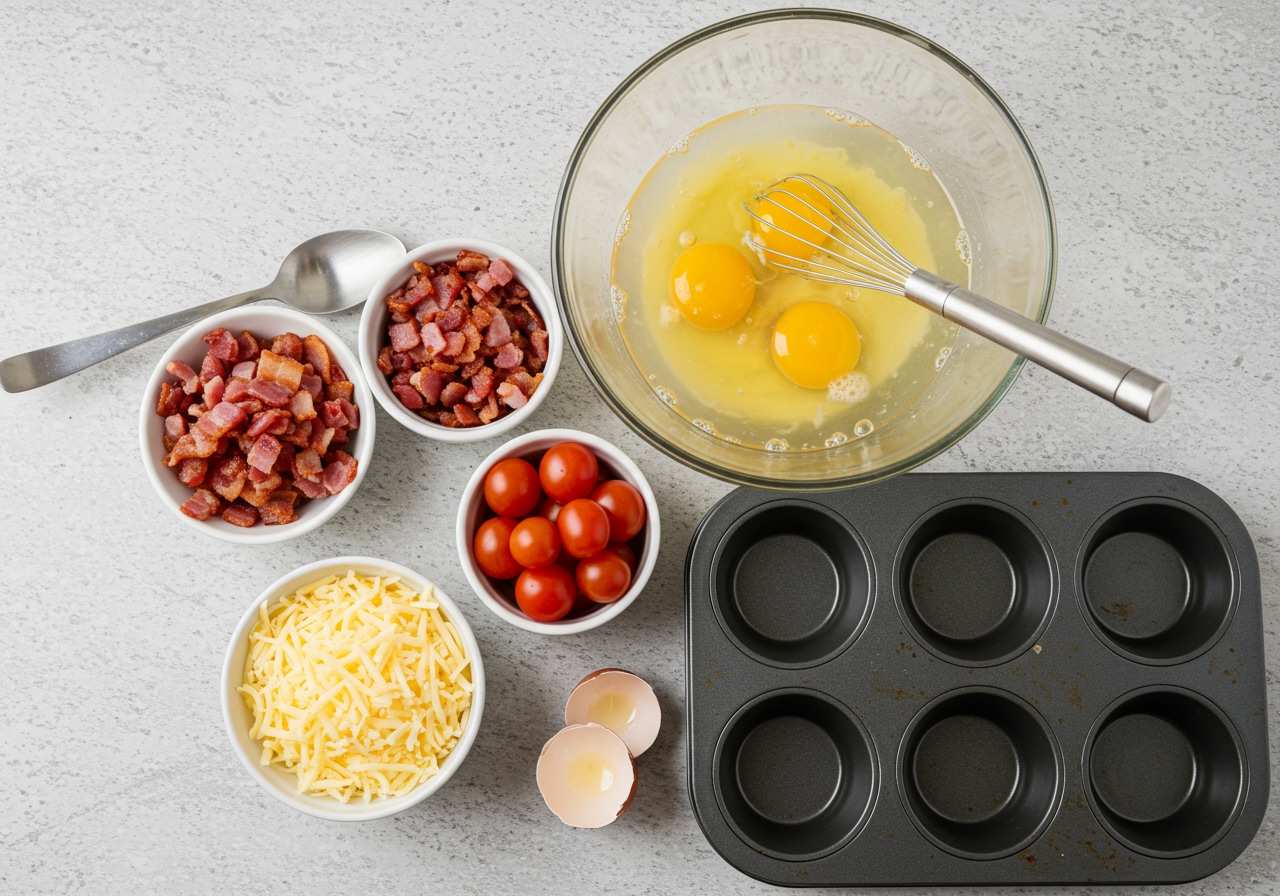 Ingredients for healthy bacon and tomato cups laid out on a kitchen counter: crispy chopped bacon, halved cherry tomatoes, whisked eggs in a bowl, shredded cheese, and a muffin tin.