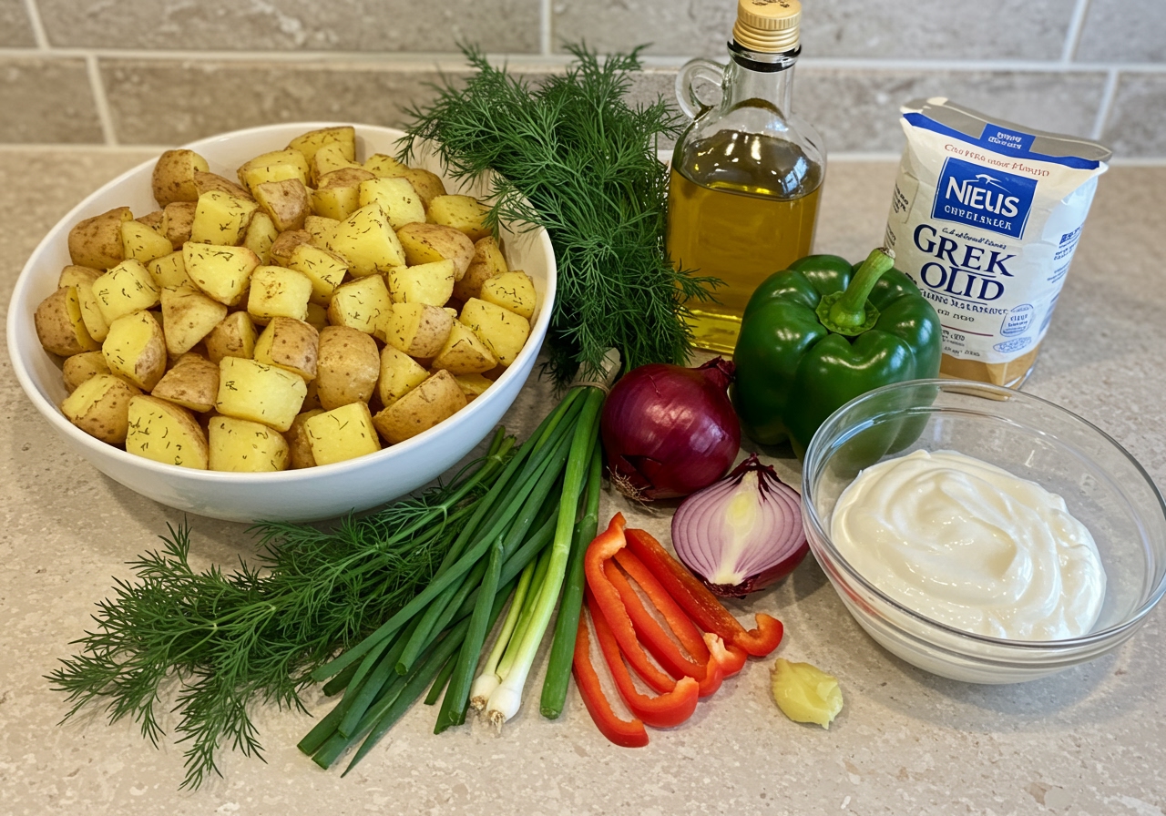 Ingredients for healthy baked potato salad laid out on a kitchen counter: cubed potatoes, fresh dill, chives, red onion, bell peppers, a bowl of Greek yogurt, and a bottle of olive oil.