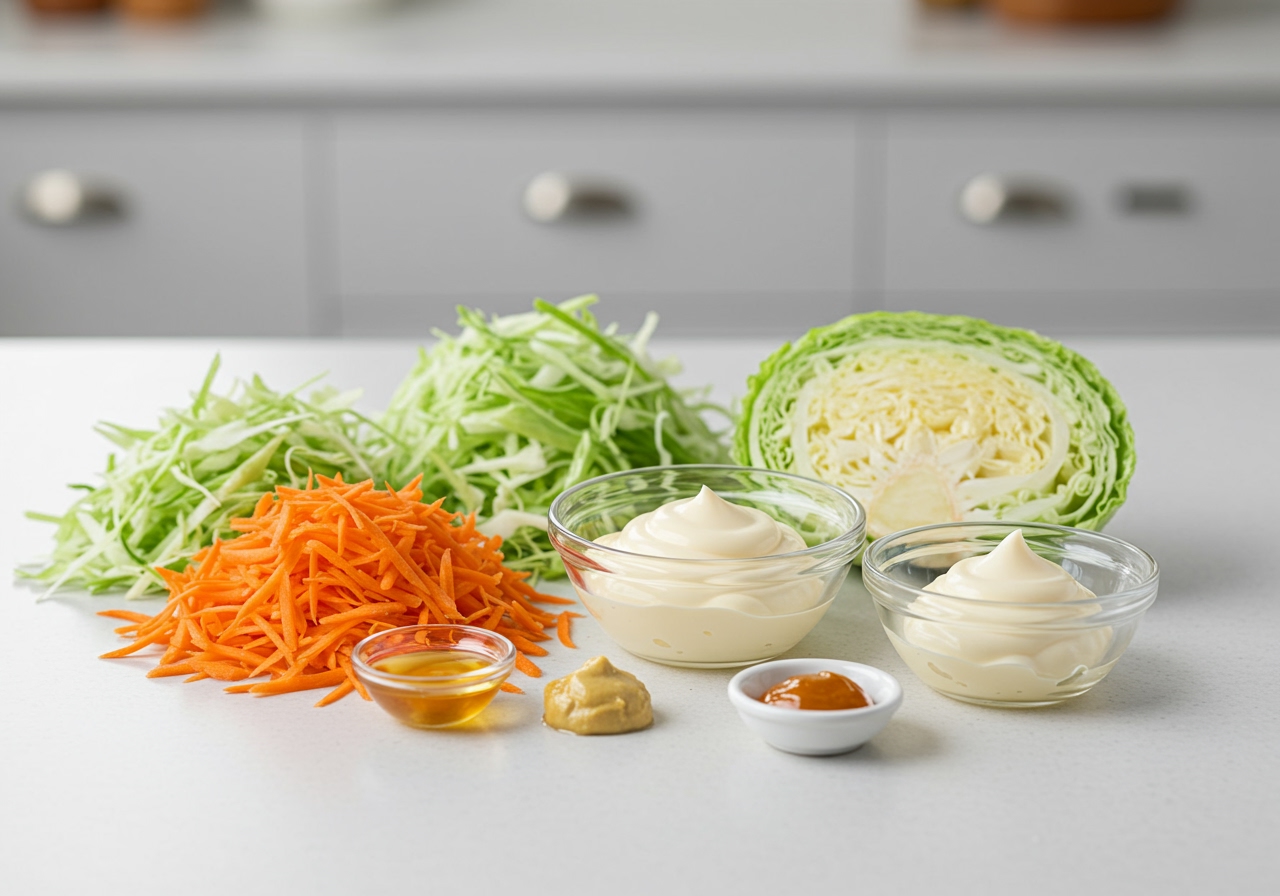 Ingredients for healthy coleslaw laid out on a kitchen counter: shredded cabbage, carrots, a bowl of light mayonnaise, apple cider vinegar, honey, and mustard.