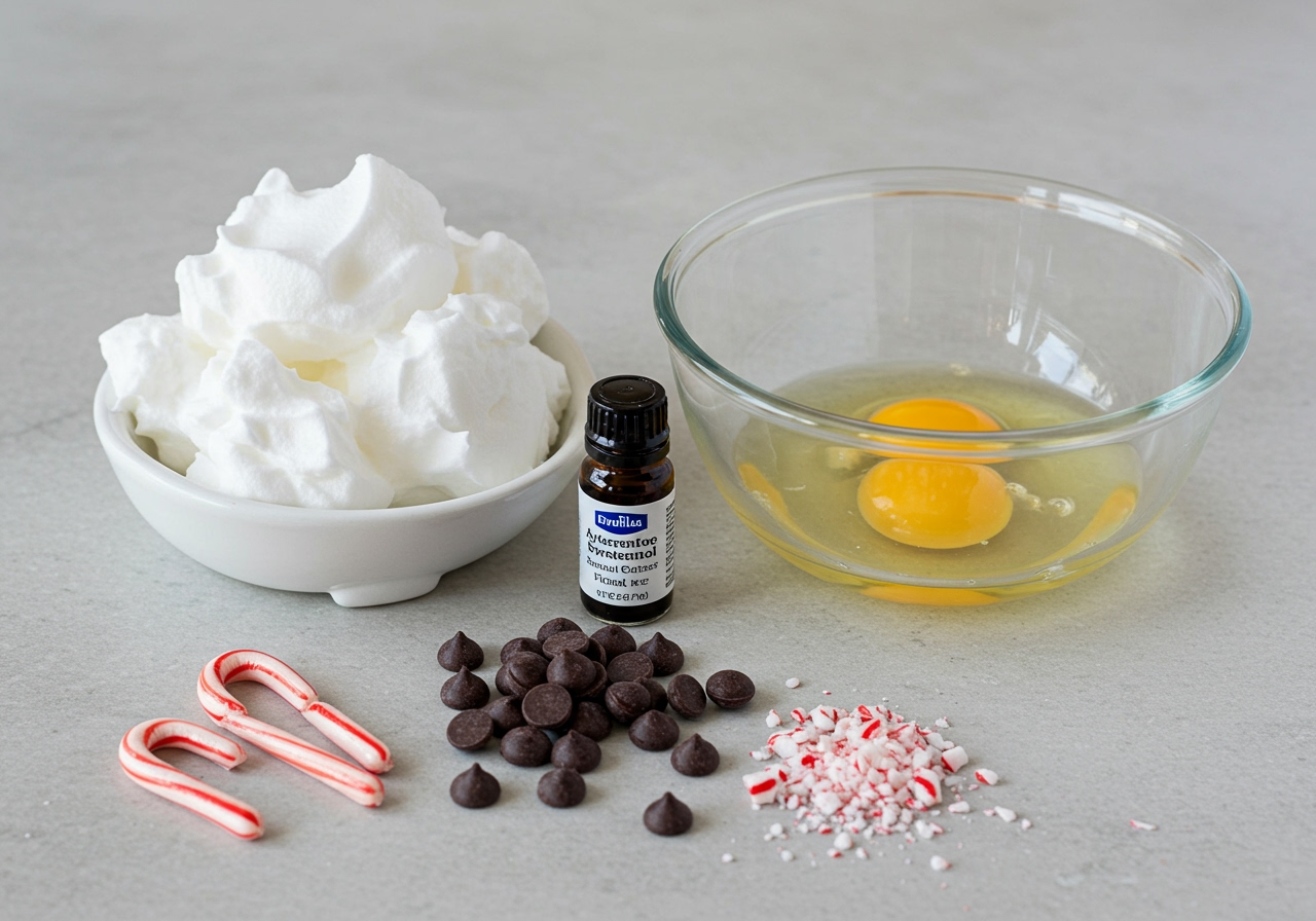 Ingredients for healthy meringue cookies laid out: egg whites, alternative sweetener, vanilla extract, dark chocolate chips, crushed candy canes.