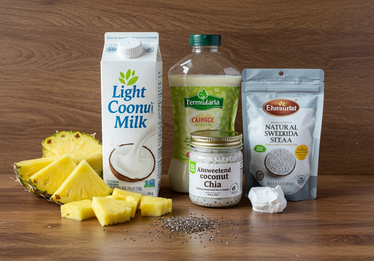 Ingredients for healthy piña colada laid out beautifully on a rustic wooden table: fresh pineapple chunks, light coconut milk carton, a small jar of unsweetened coconut cream, a bag of chia seeds, and a bottle of natural sweetener, all in good lighting.