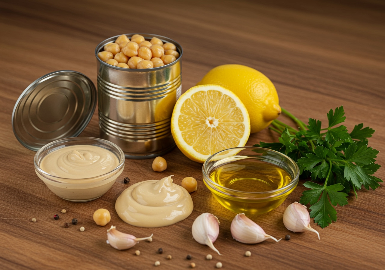 Ingredients for hummus laid out beautifully on a wooden table, including canned chickpeas, tahini, lemon, garlic, olive oil, and a sprig of parsley, ready for blending.