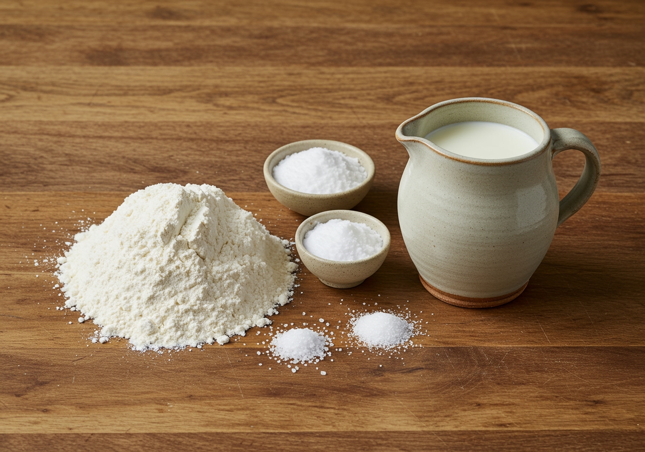 Ingredients for Irish soda bread laid out on a wooden table, including flour, baking soda, salt, sugar (optional), and a jug of buttermilk.