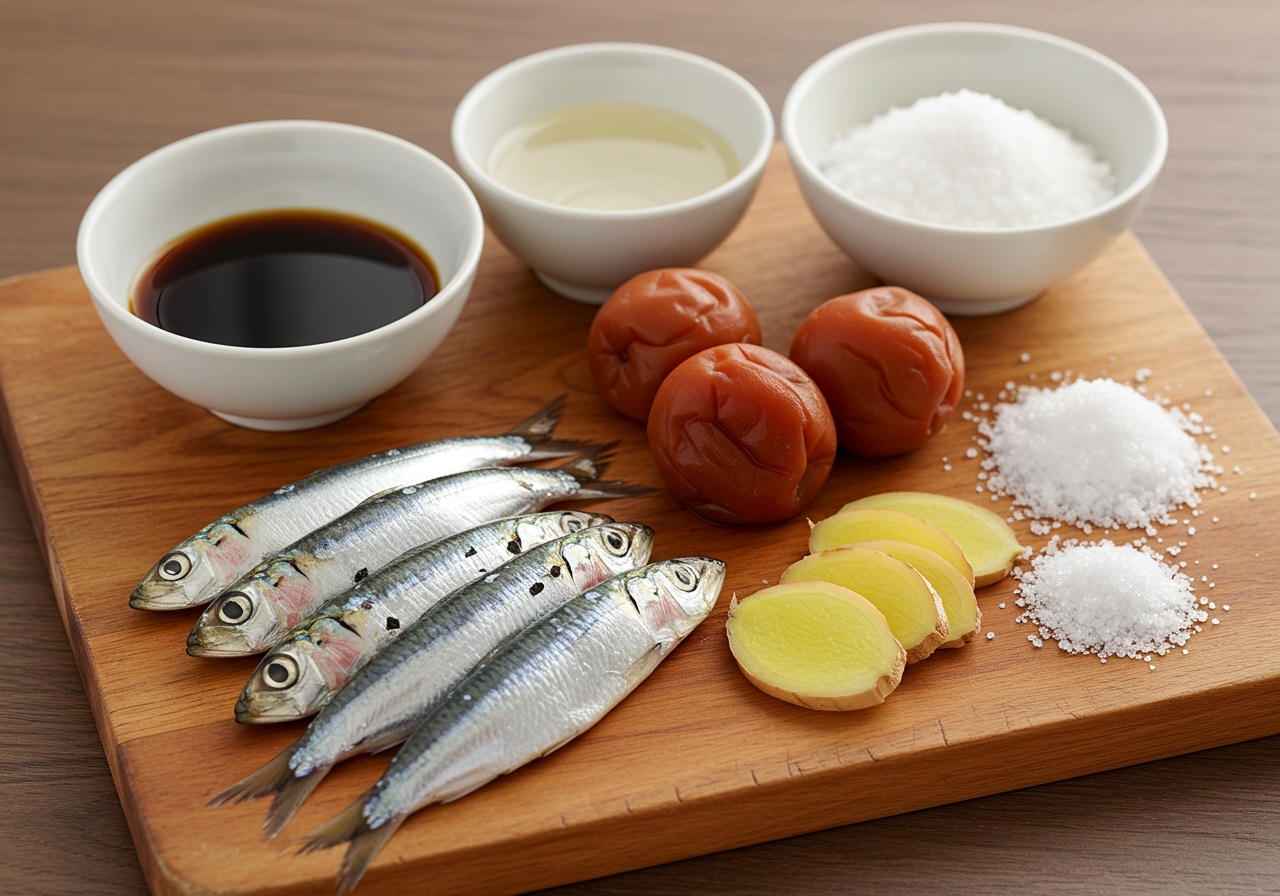 Ingredients for イワシの梅煮 laid out on a wooden board: fresh sardines, umeboshi, sliced ginger, soy sauce, sake, mirin, sugar.