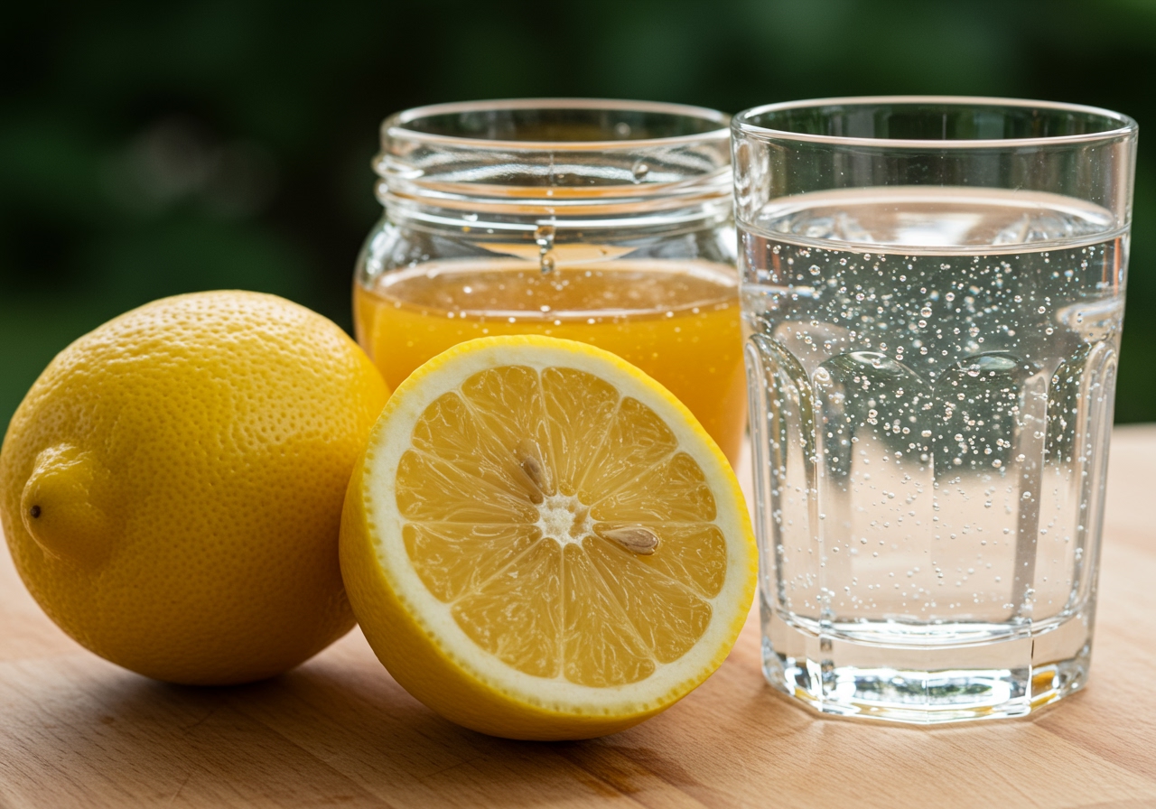 Ingredients for lemon and honey water: a fresh lemon, a jar of honey, and a glass of water.