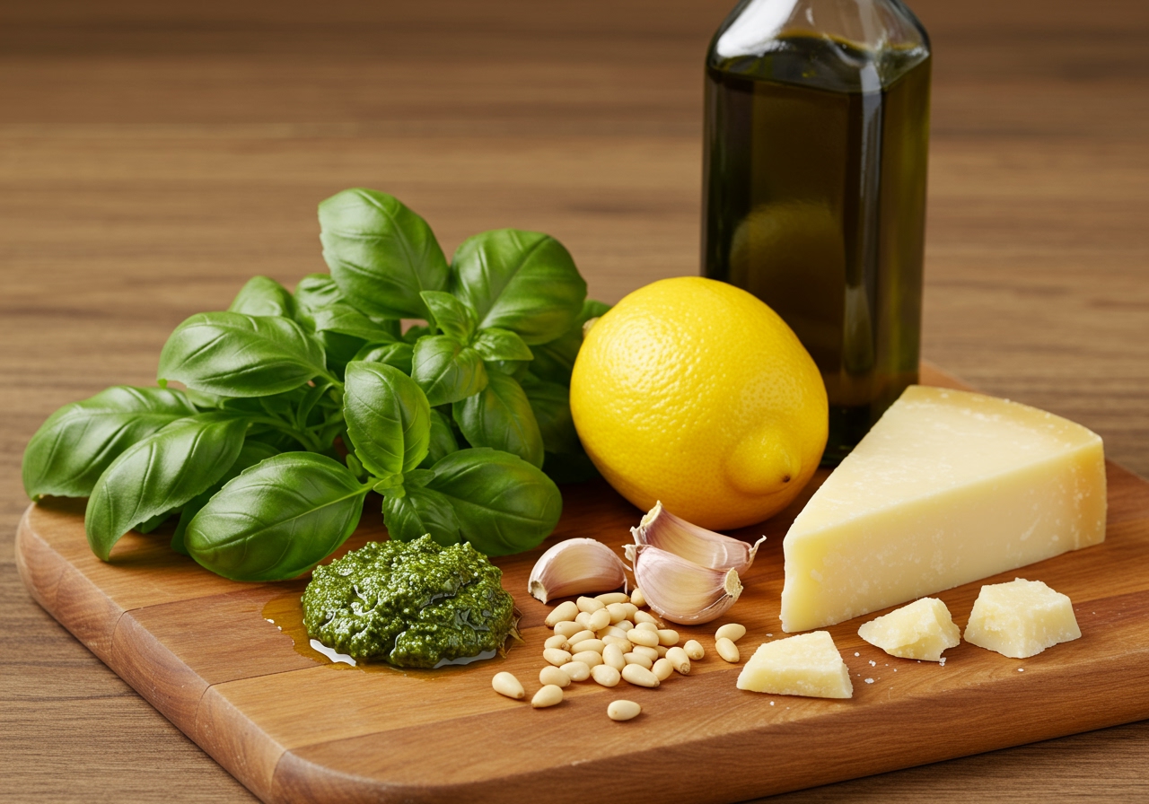Ingredients for lemon pesto laid out on a wooden board: fresh basil leaves, pine nuts, garlic, a lemon, a bottle of olive oil, and a block of parmesan cheese.