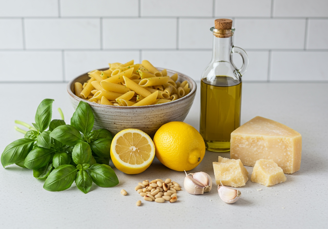 Ingredients for lemon pesto pasta laid out on a kitchen counter - pasta, basil, lemons, pine nuts, garlic, olive oil, cheese.