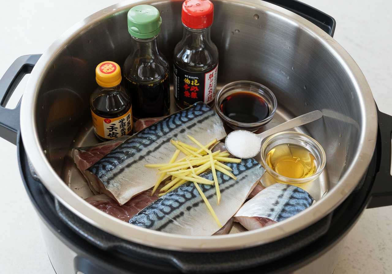 Ingredients for Mackerel Pressure Cooker Dish - Mackerel fillets, ginger slices, bottles of soy sauce, mirin, sake, and sugar.