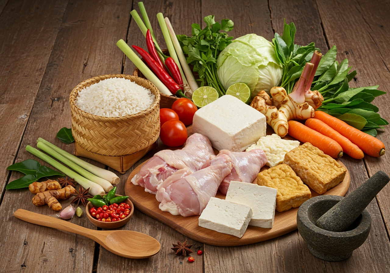 Ingredients for making Indonesian Nasi Campur laid out on a wooden table, including rice, various spices, herbs, raw chicken pieces, vegetables, tofu, and tempeh.