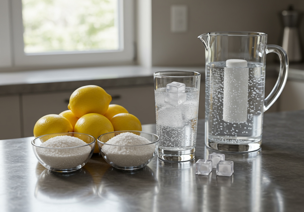 Ingredients for making lemon squash: fresh lemons, sugar, water, a glass of carbonated water, and ice, neatly arranged on a counter.