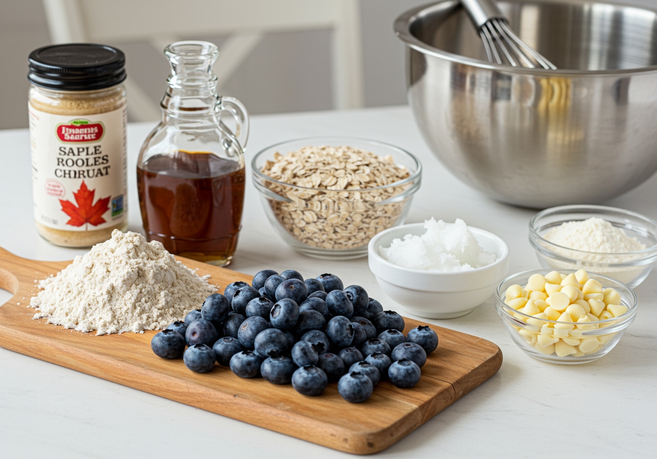 Ingredients for making natural blueberry and white chocolate cookies laid out on a kitchen counter: whole wheat flour, oats, maple syrup, coconut oil, fresh blueberries, and white chocolate chips.