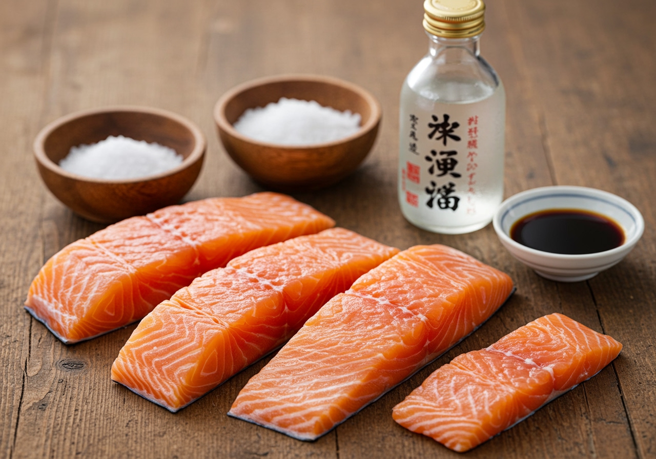 Ingredients for making salmon flakes: raw salmon fillets, sake, salt, maybe small dishes of mirin and soy sauce.