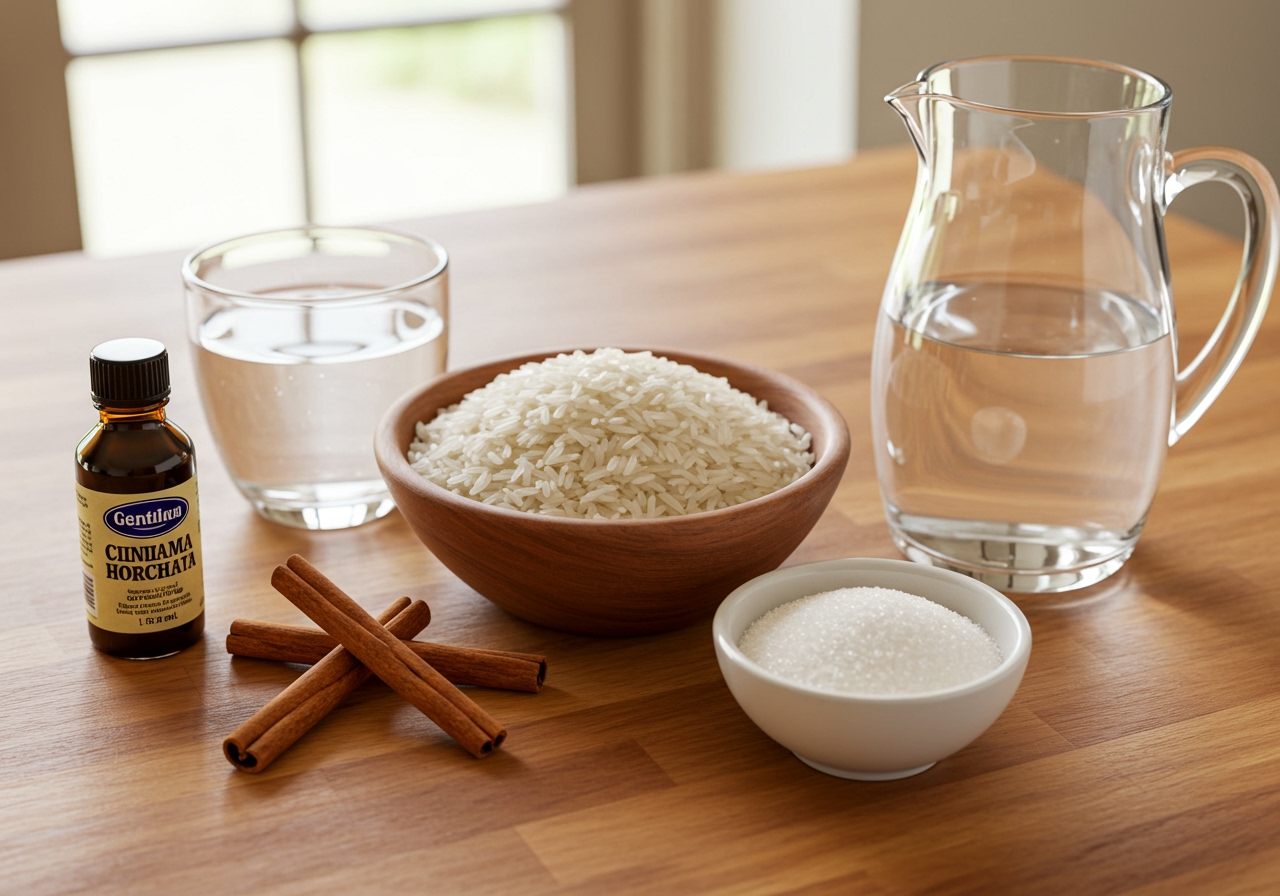 Ingredients for Mexican rice horchata: uncooked rice, cinnamon sticks, water, sugar, vanilla extract on a wooden table