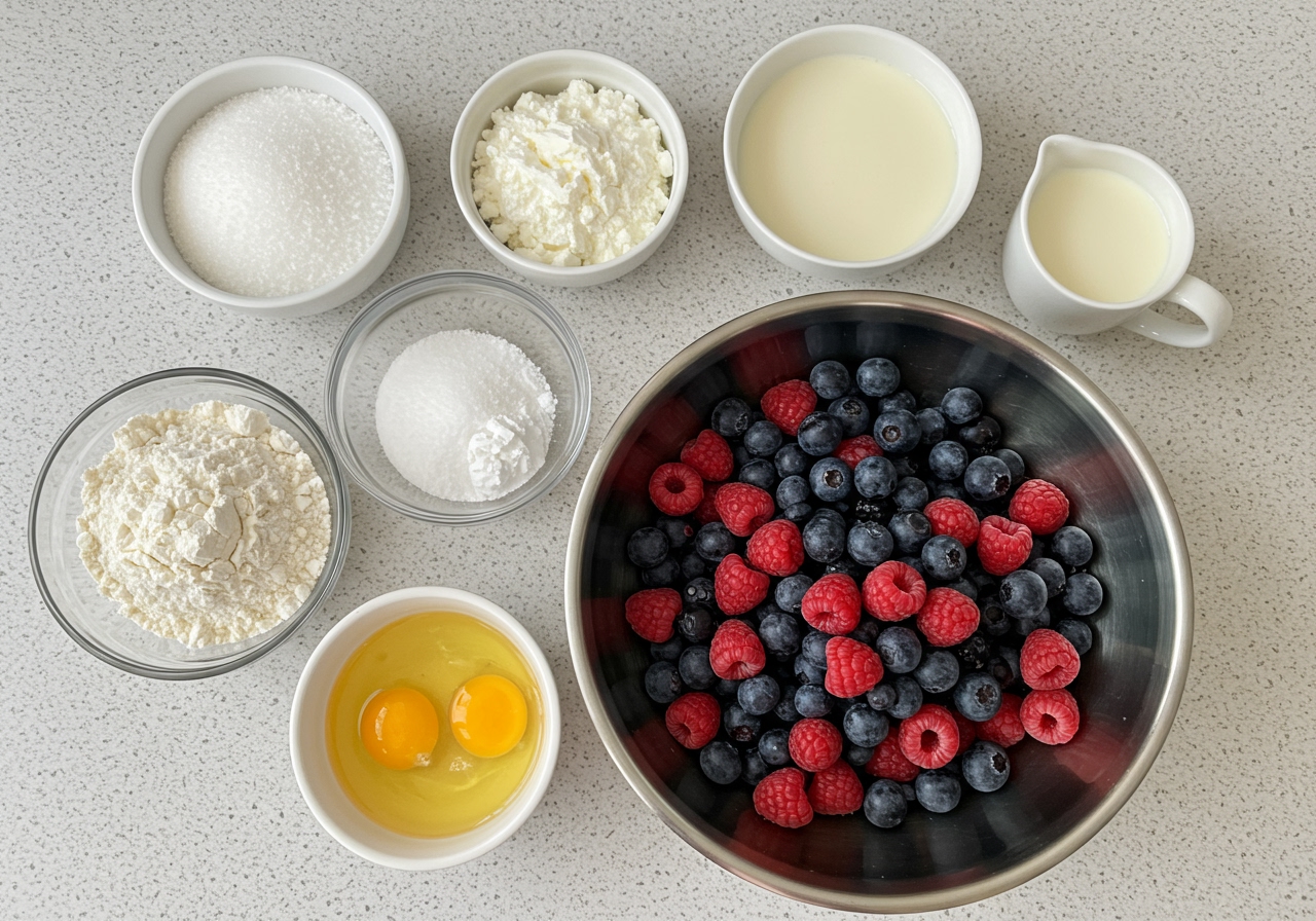 Ingredients for muffins laid out on a kitchen counter: flour, sugar, baking powder, salt, eggs, milk, melted butter, and a bowl of fresh mixed seasonal berries ready to be added.