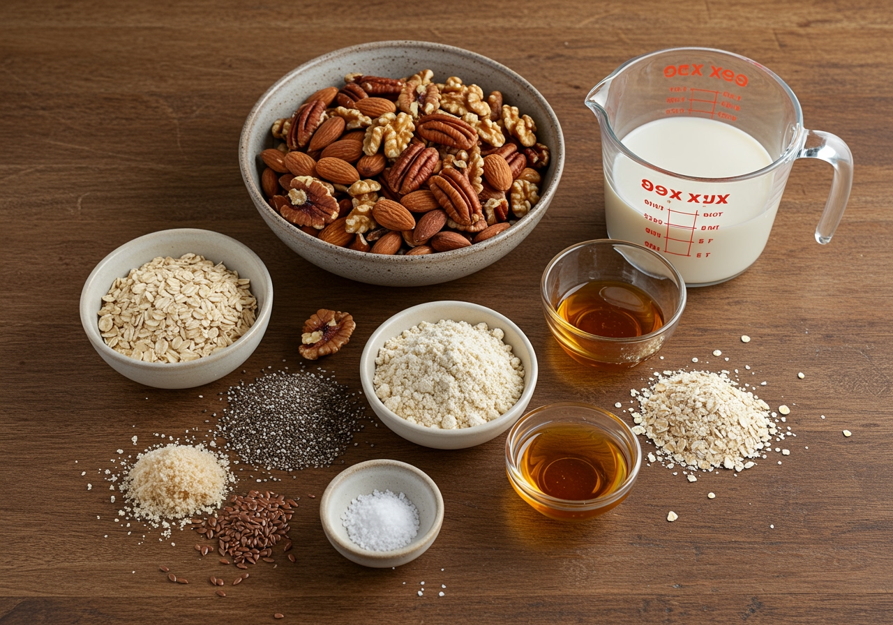 Ingredients for nut bread laid out in separate bowls or piles: mixed nuts, mixed seeds, rolled oats, psyllium husk, salt, maple syrup/honey, water/plant milk.