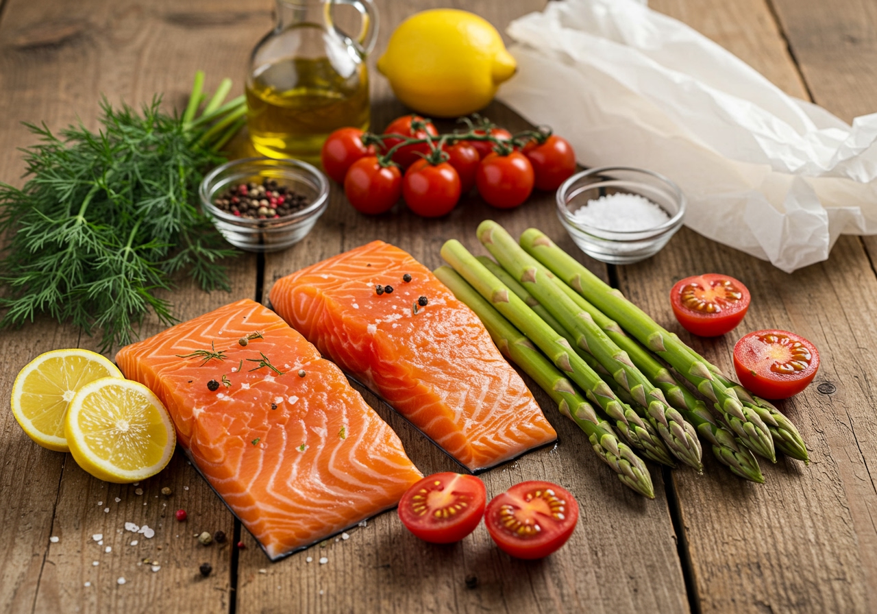 Ingredients for parchment paper baked salmon laid out on a wooden table: fresh salmon fillets, asparagus, cherry tomatoes, sliced lemon, fresh dill, olive oil, salt, pepper, and parchment paper.