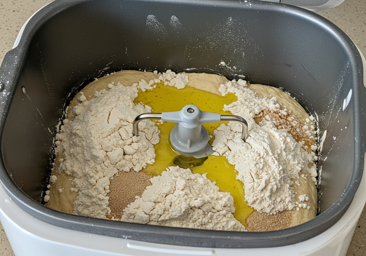 Ingredients for pizza dough placed in a bread maker pan, ready to start the machine