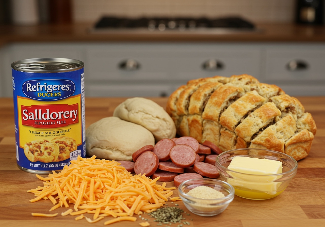 Ingredients for pull-apart sausage bread laid out on a kitchen counter: canned biscuit dough, cooked sausage slices, shredded cheese, melted butter, garlic powder, dried herbs.