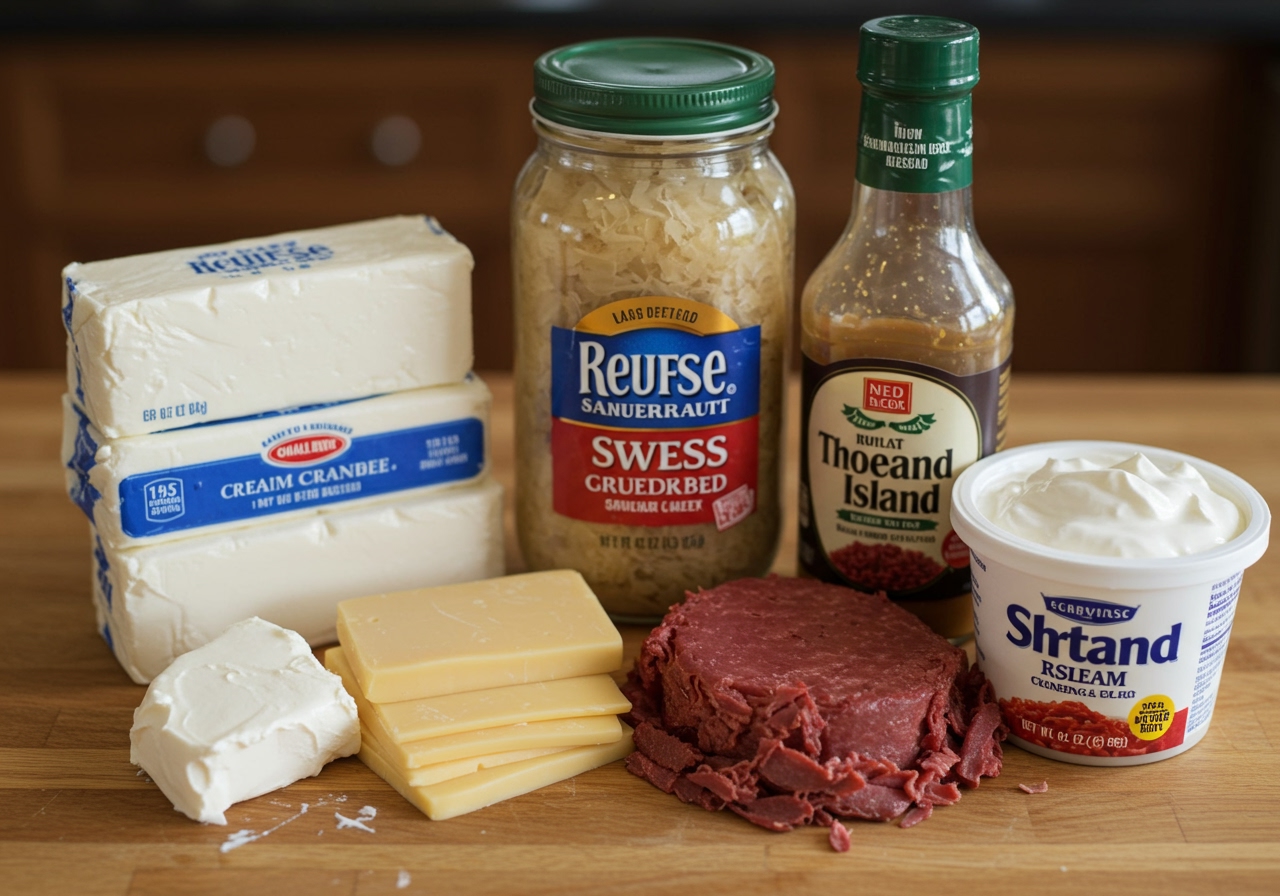 Ingredients for Reuben Dip laid out on a kitchen counter: blocks of cream cheese and Swiss cheese, a jar of sauerkraut, a can of corned beef, a bottle of Thousand Island dressing, and a tub of sour cream.