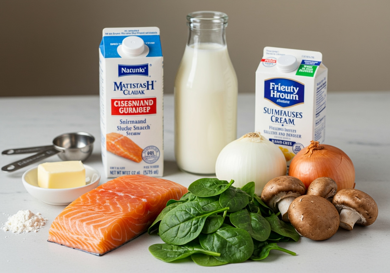 Ingredients for salmon and spinach cream stew laid out neatly on a kitchen counter - salmon fillets, spinach, onion, mushrooms, butter, flour, milk, cream, etc.