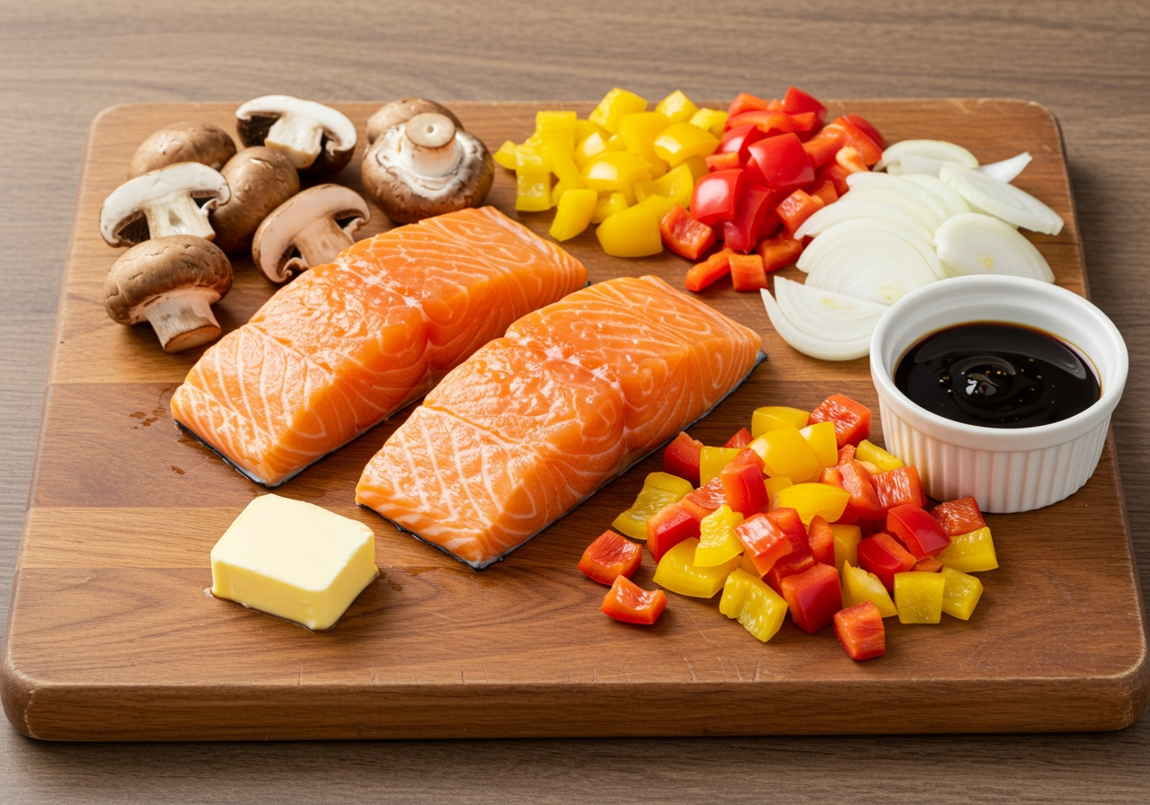 Ingredients for salmon foil bake arranged on a cutting board: salmon fillets, various chopped vegetables (mushrooms, peppers, onion), butter, and a small bowl of miso sauce.