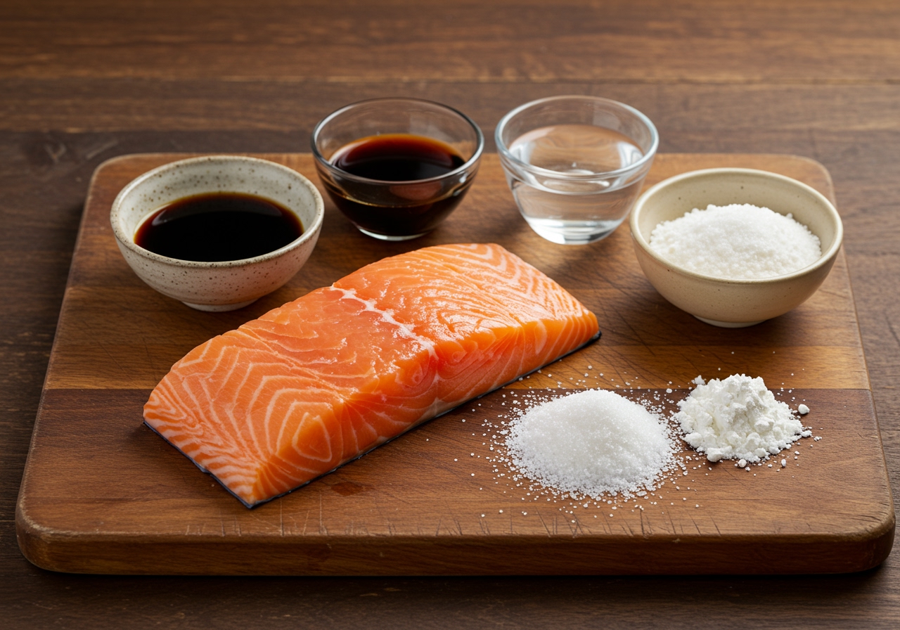 Ingredients for salmon teriyaki nuggets laid out on a cutting board, including salmon fillet, small bowls of soy sauce, mirin, sake, sugar, and a pile of cornstarch.