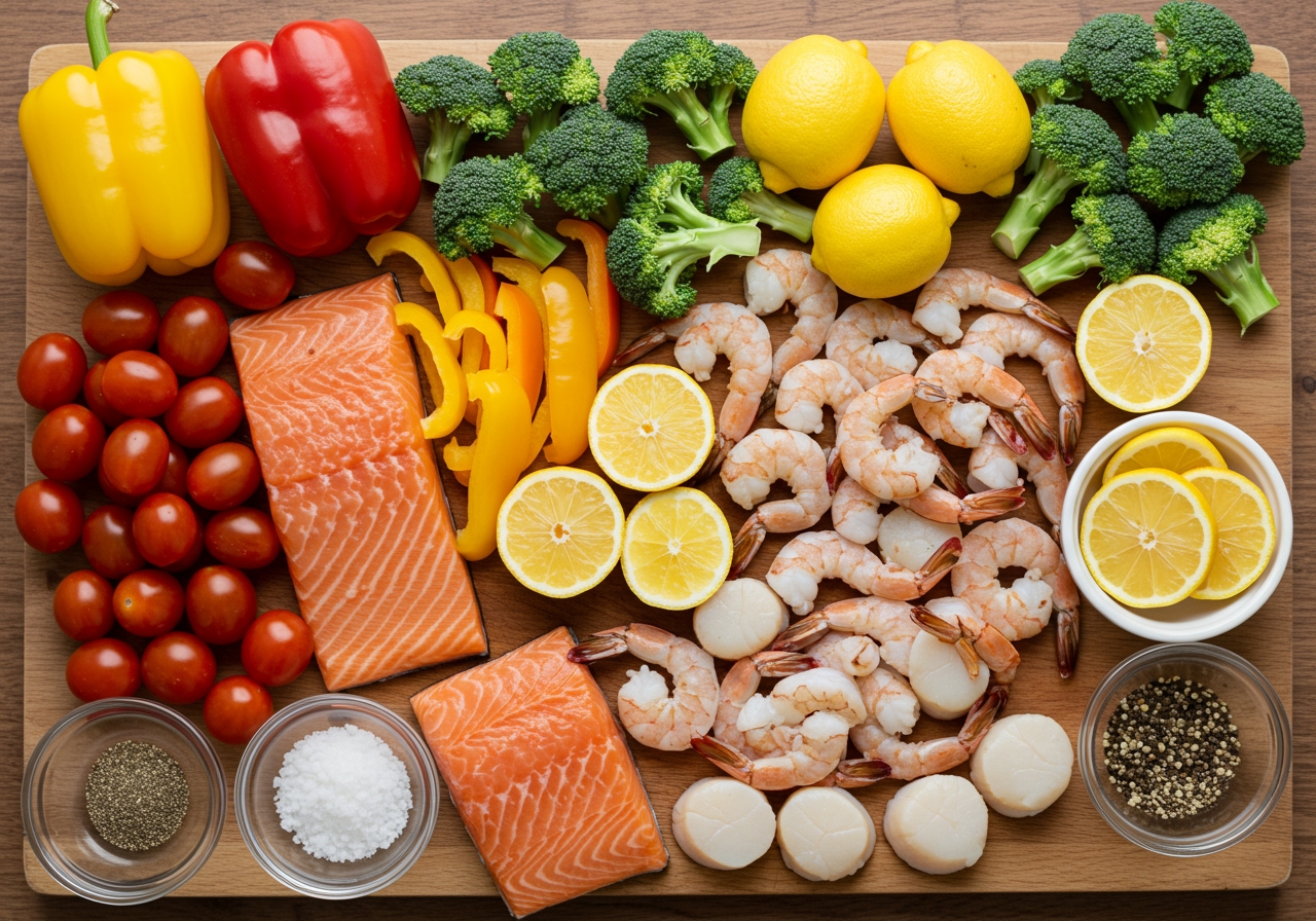 Ingredients for sheet pan seafood grill laid out on a cutting board: various colorful vegetables like bell peppers, broccoli, cherry tomatoes, onions, lemons, alongside different types of seafood like salmon fillets, shrimp, scallops.