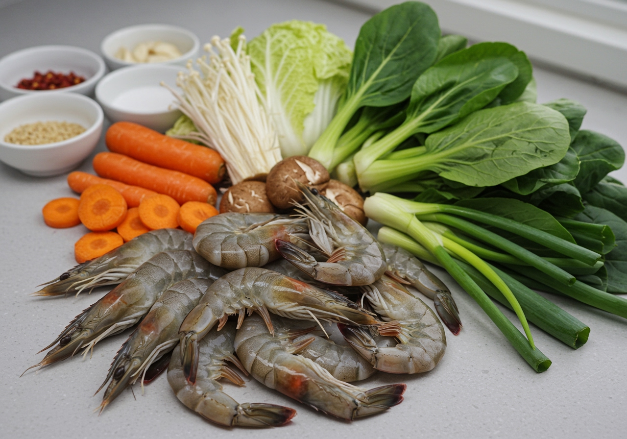 Ingredients for shrimp ball soup laid out on a counter, including fresh shrimp, various colorful vegetables (carrots, mushrooms, green onions, leafy greens), and seasonings.