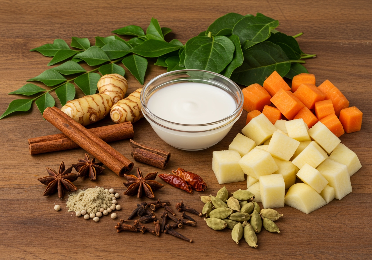 Ingredients for Sri Lankan curry laid out: various spices (cinnamon sticks, cardamom, cloves, chili), curry leaves, rampe, coconut milk, and assorted vegetables.