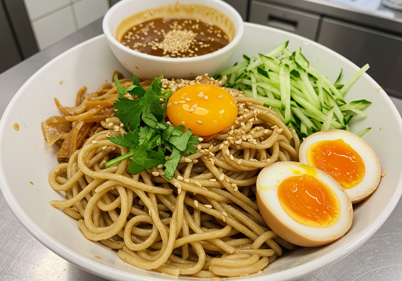 Ingredients for Taiwanese Liang Mian including noodles, cucumber, egg, and a bowl of sesame sauce