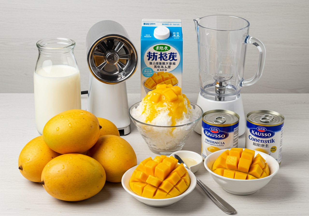 Ingredients for Taiwanese mango shaved ice laid out: milk, condensed milk, fresh mangoes, and a blender/ice shaver.