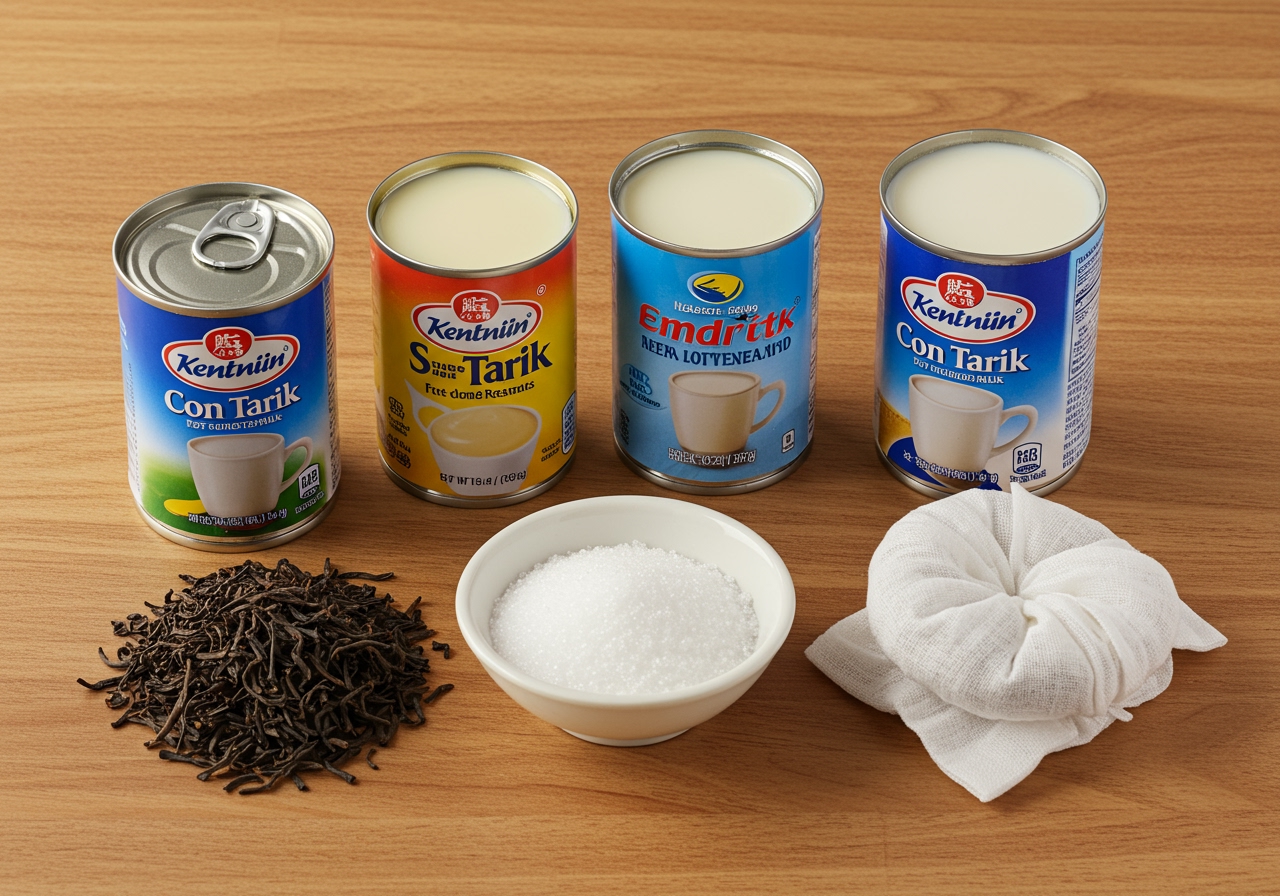 Ingredients for Teh Tarik laid out on a table: black tea leaves, condensed milk, evaporated milk, sugar, and a tea filter sock.