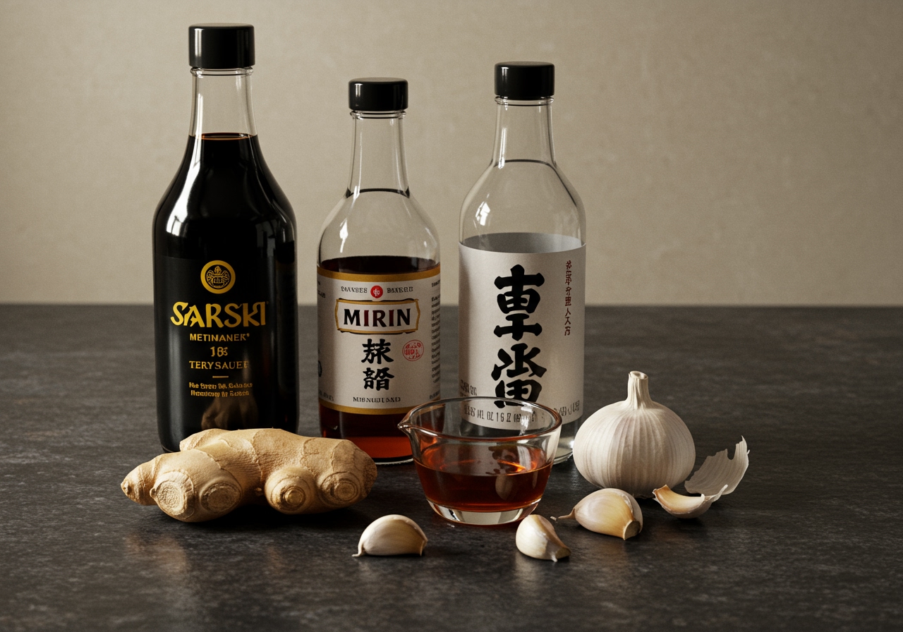 Ingredients for teriyaki sauce laid out on a counter, including soy sauce, mirin, sake, honey, ginger, and garlic.