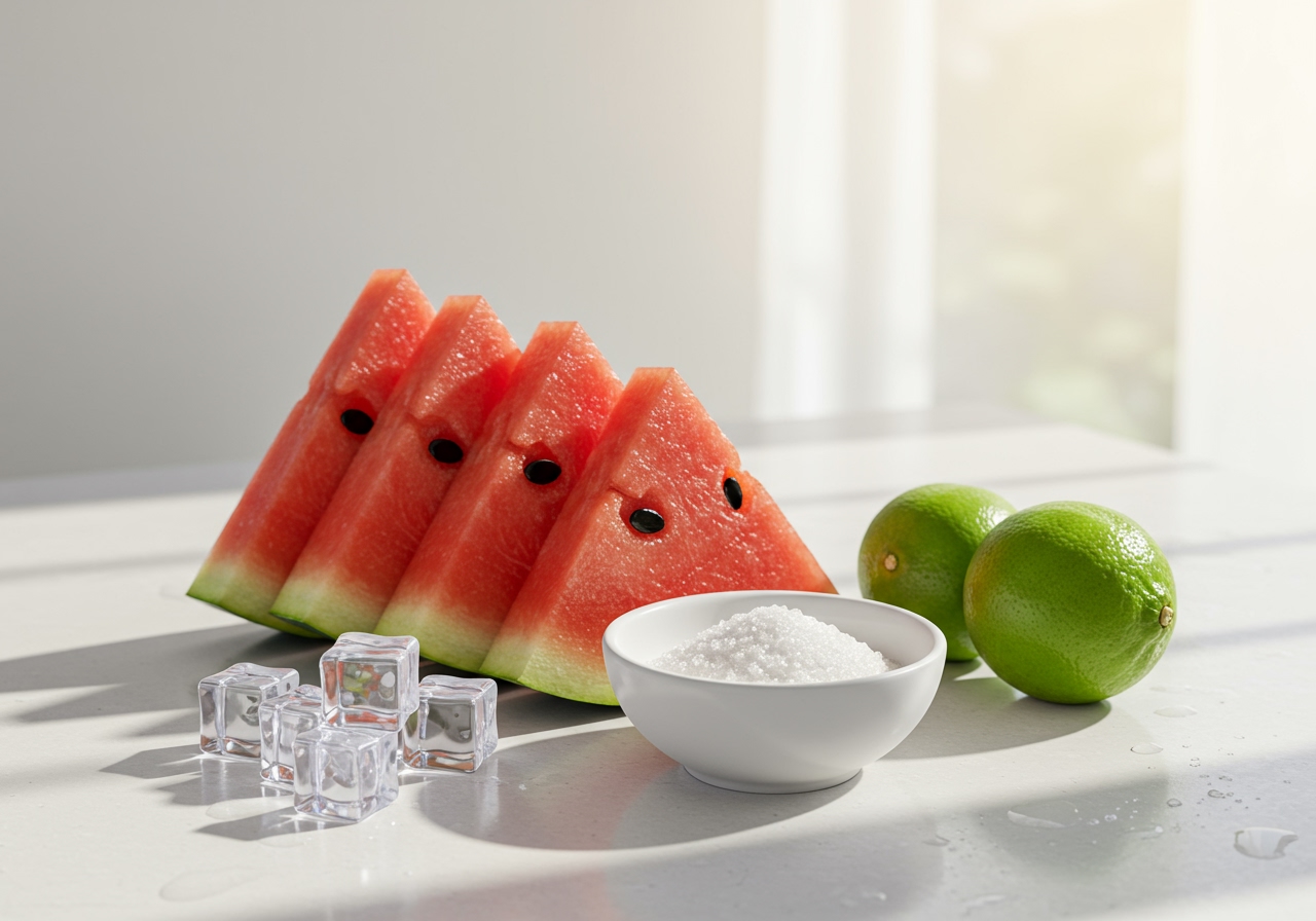 Ingredients for Thai watermelon smoothie laid out: chunks of watermelon, ice cubes, a small bowl of sugar, and a lime.
