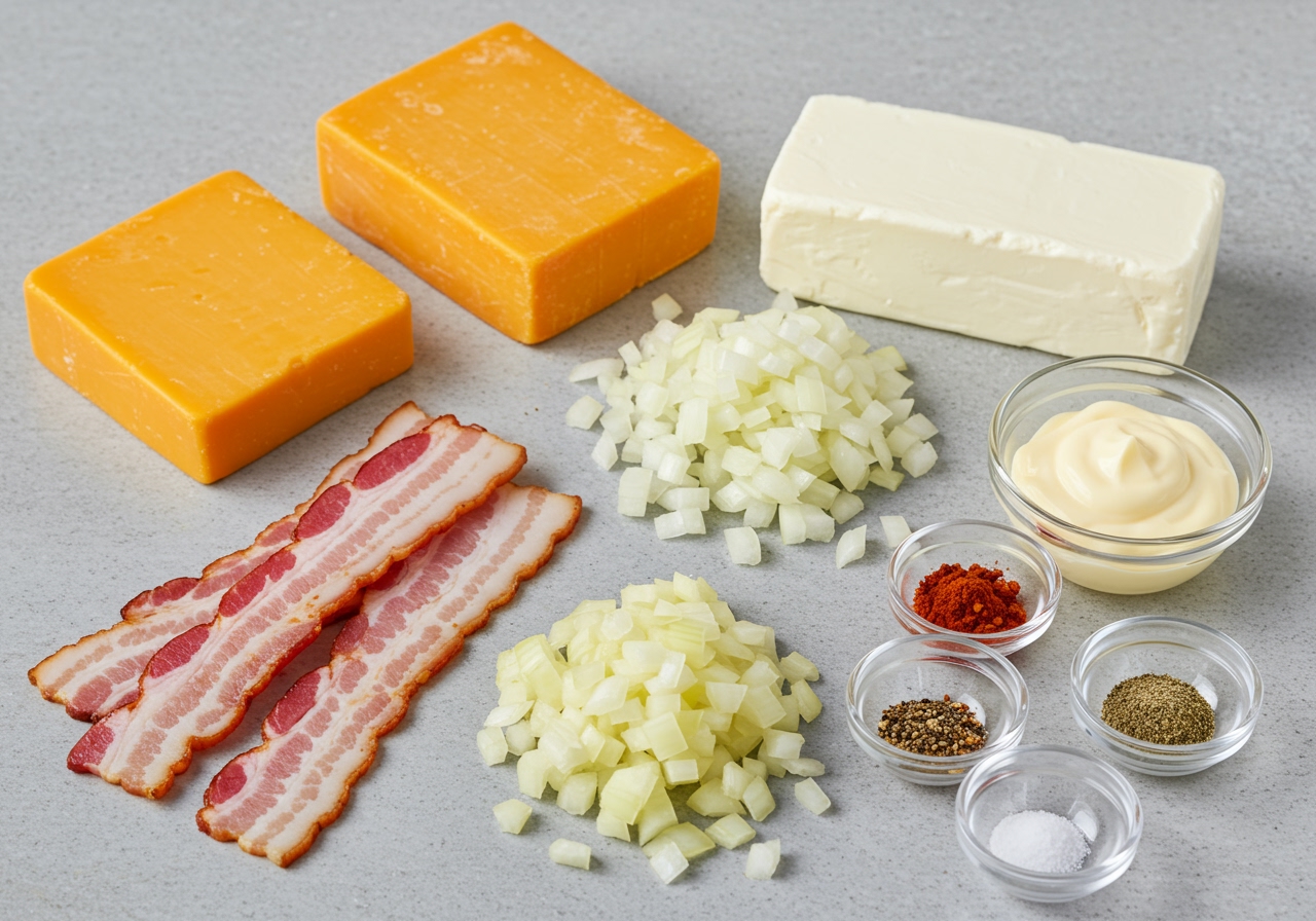 Ingredients for the bacon and onion cheese spread laid out neatly on a kitchen counter: blocks of cheese, cream cheese, bacon strips, onions, mayo, and spices.