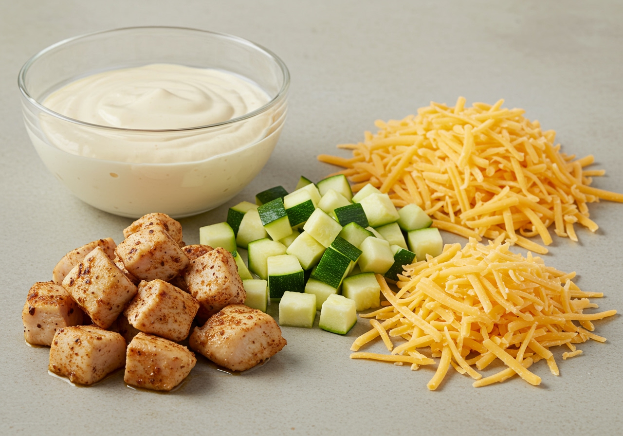 Ingredients for the casserole: cubed zucchini, cooked chicken pieces, shredded cheese, and a bowl of sauce